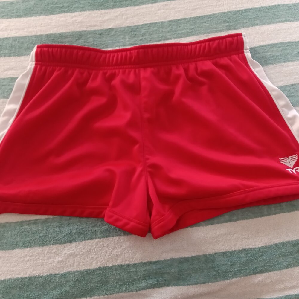 NWOT VINTAGE TYR RED w/ WHITE SIDES JERSEY ATHLETIC / GYM SHORTS, SIZE "XL"